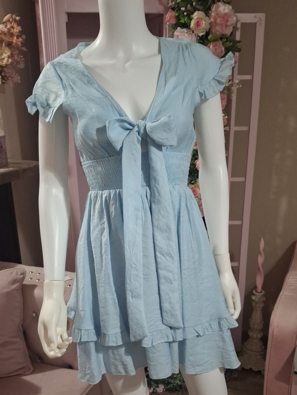 Light Blue Tie-Front Ruffle Tiered Babydoll Mini Dress LIKE NEW Size XS